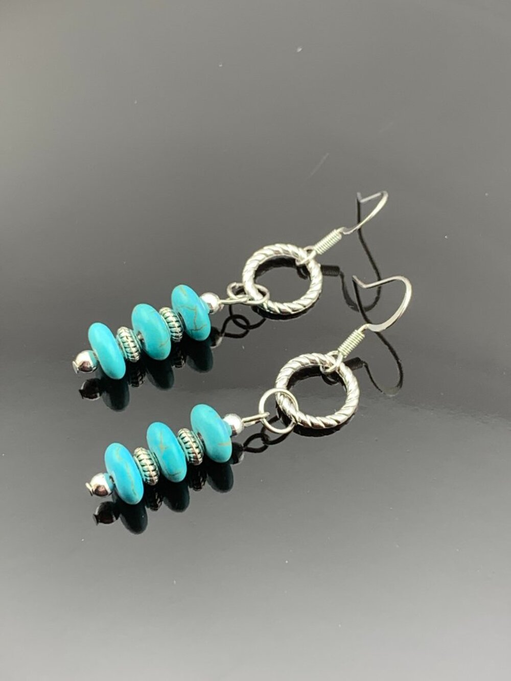 Turquoise Blue Howlite Silver Toned Handmade Earrings LR218
